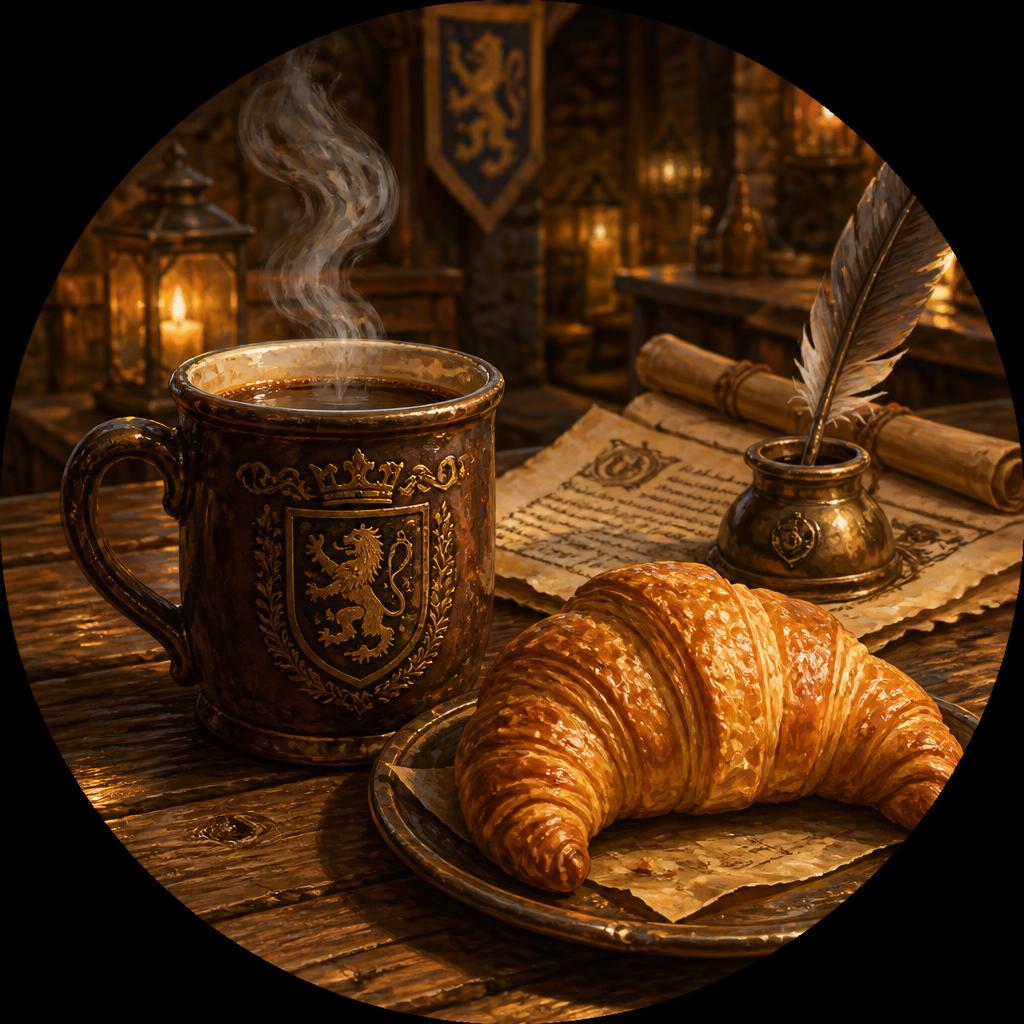 Tazza di caffè fumante e brioche in stile medievale
